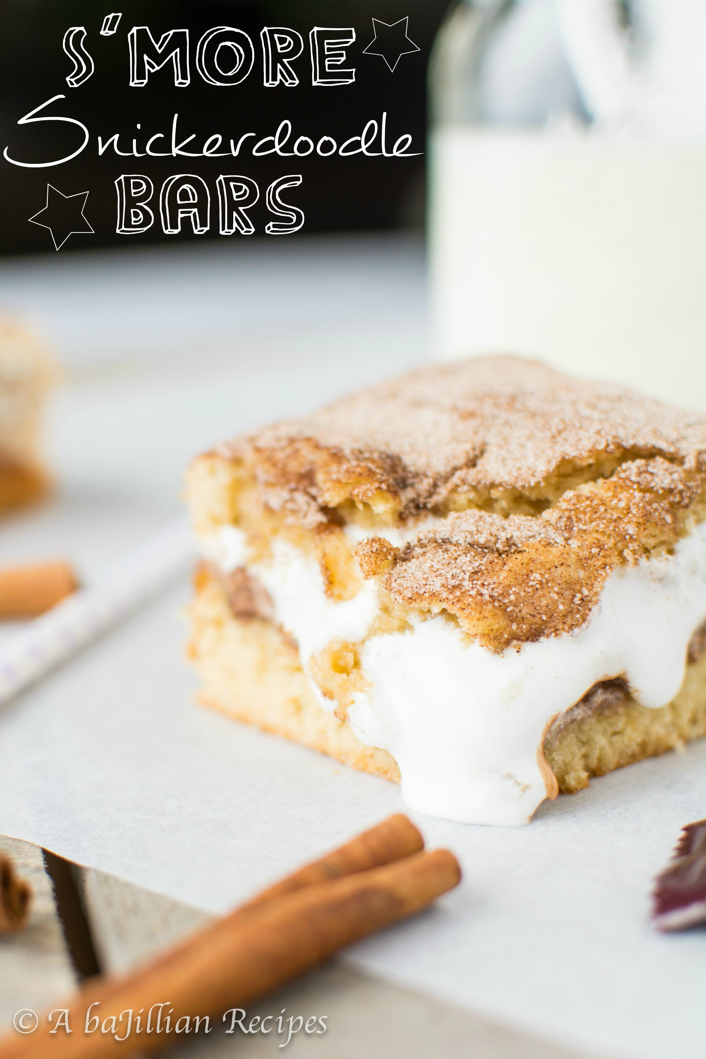 Snickerdoodles and S'mores collide in these sweet, cinnamony, and outrageously addictive cookie bars!