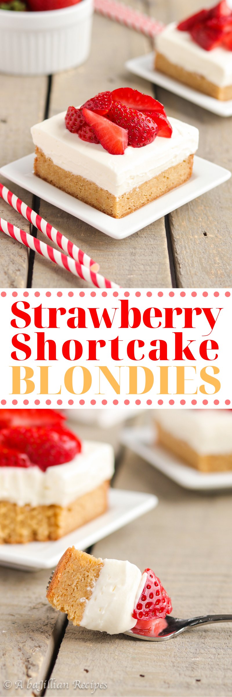 Deliciously thick and chewy blondies with a fluffy sweet cream topping and freshly sliced strawberries!
