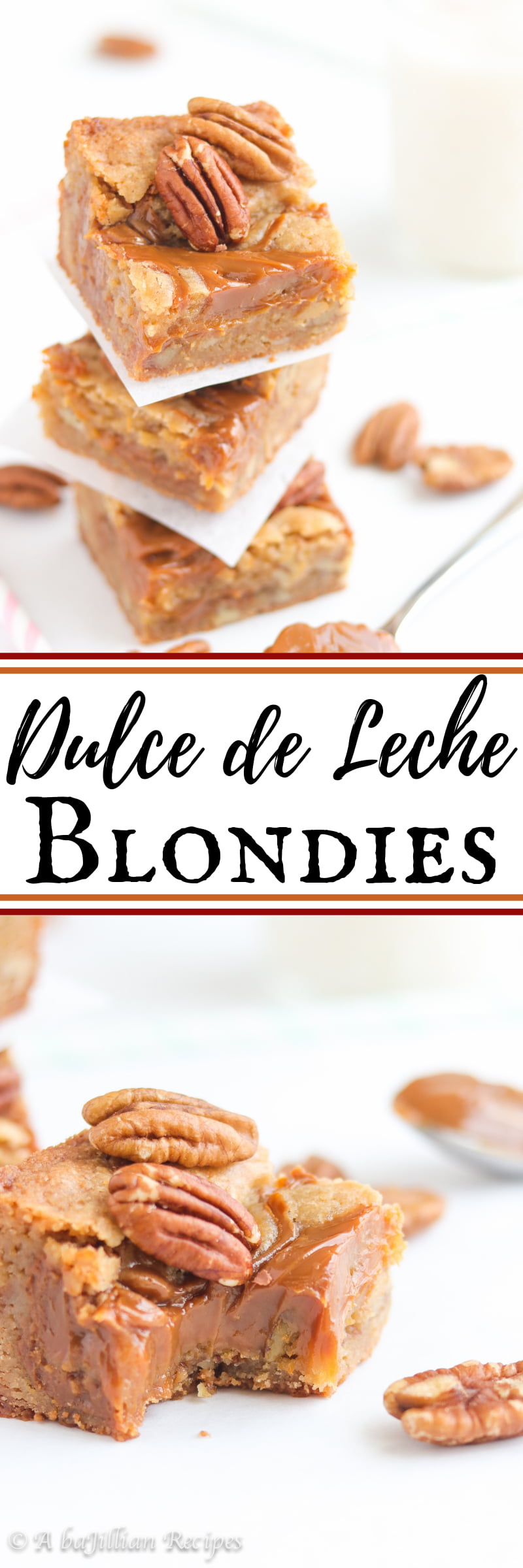 Thick and chewy brown butter blondies packed with pecans and ooey gooey pockets of dulce de leche!