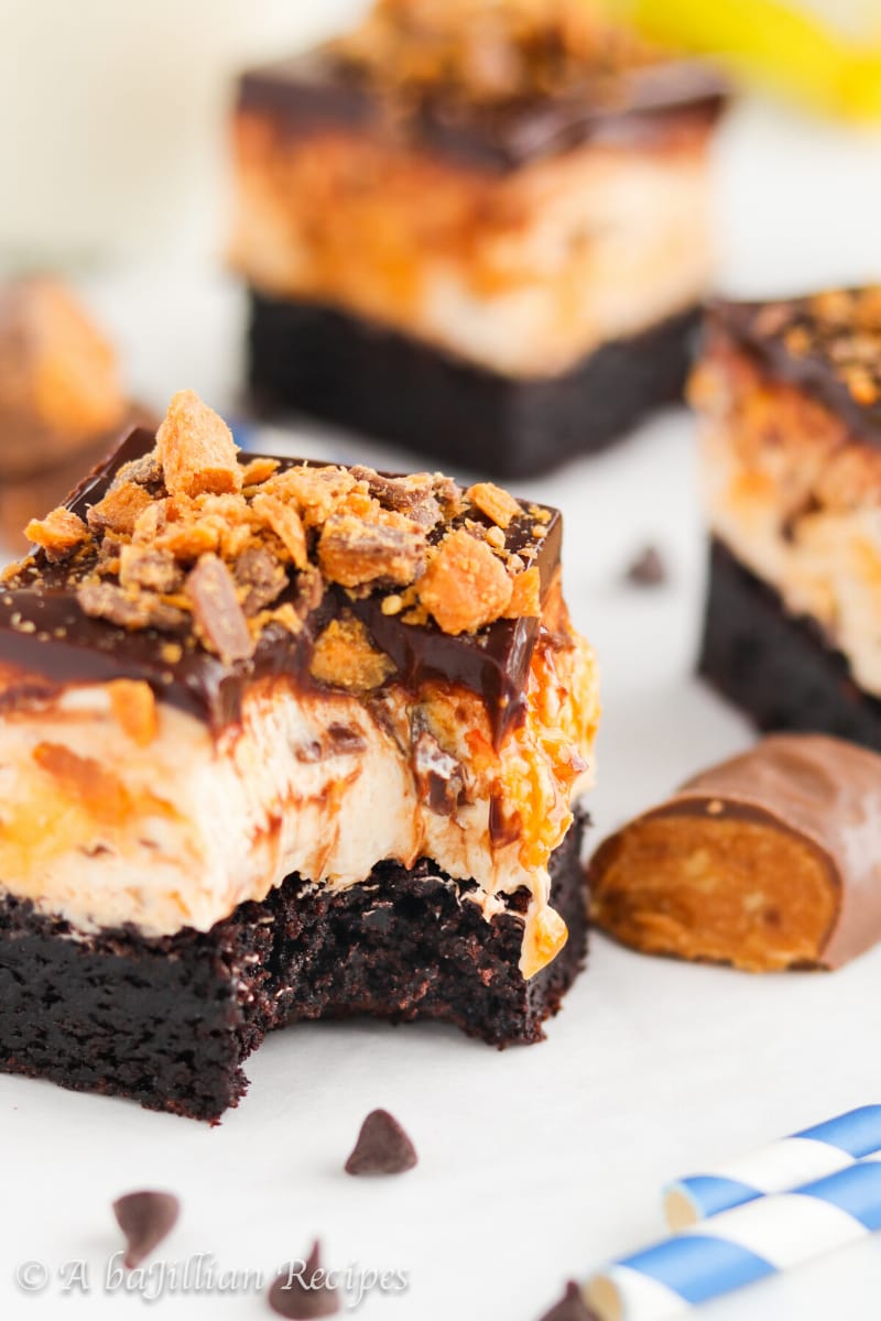 Fudgy brownies topped with a heavenly Butterfinger cream filling and rich chocolate ganache!