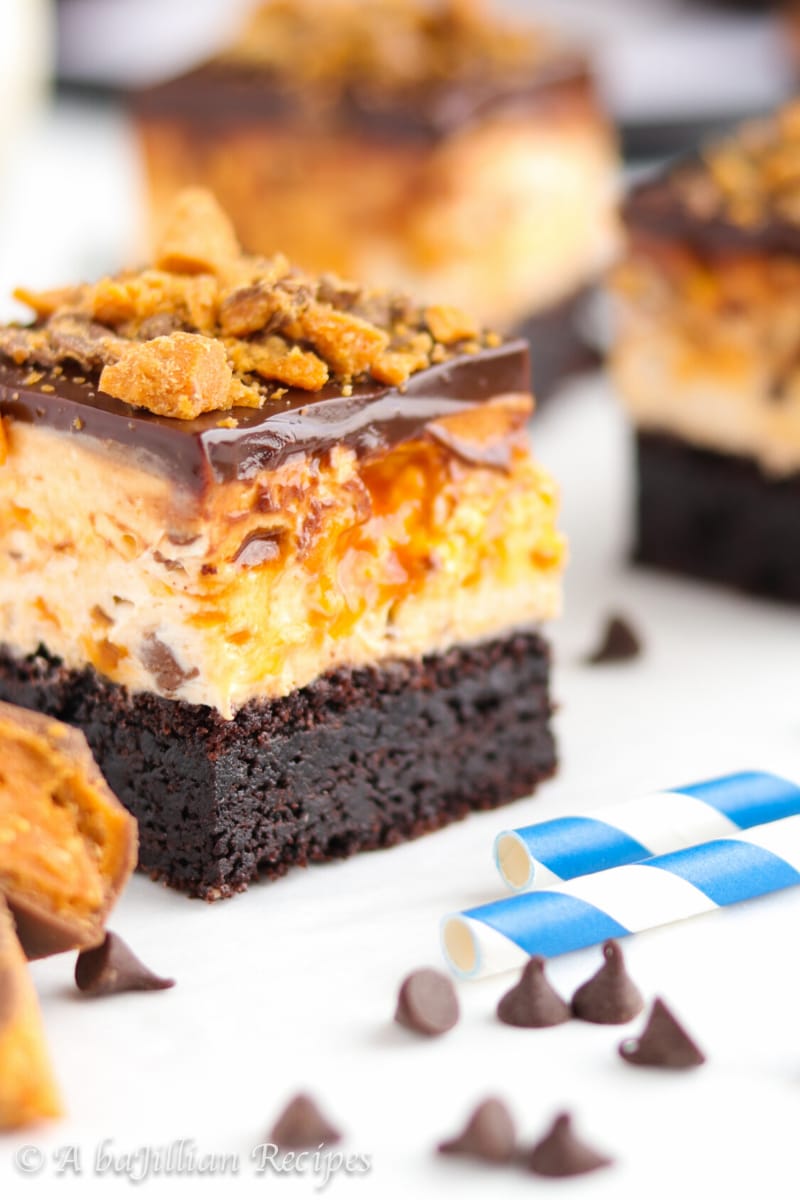 Fudgy brownies topped with a heavenly Butterfinger cream filling and rich chocolate ganache!